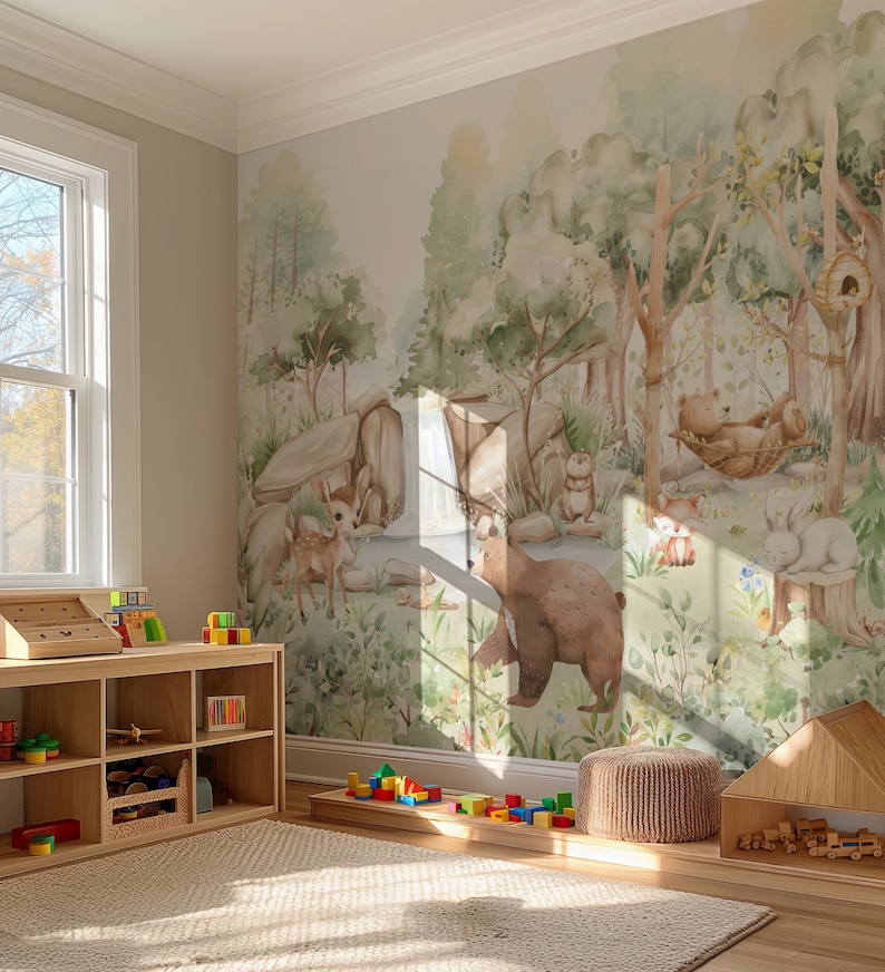 Forest Animals Nursery Wallpaper Woodland Wall Art Watercolor Trees ...