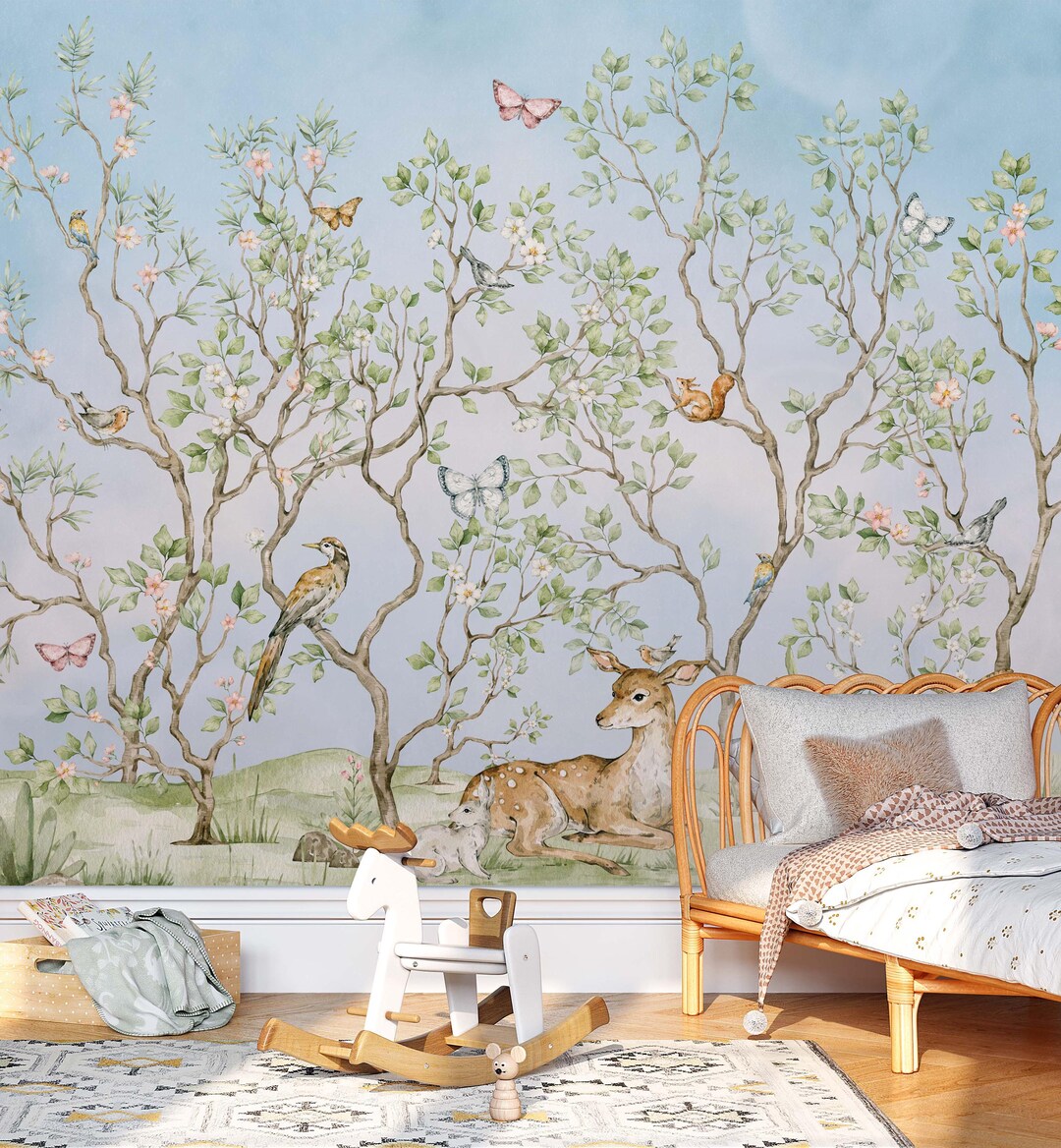 Chinoiserie Nursery Wallpaper Botanical Birds and Blossoms Woodland ...
