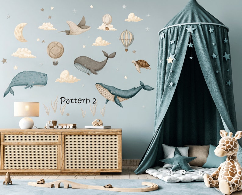 Ocean Nursery wall decal, Under the Sea sticker, Watercolor whale, Hot air Balloons, Castle wall decal, Kids room decor Pattern 2 M size