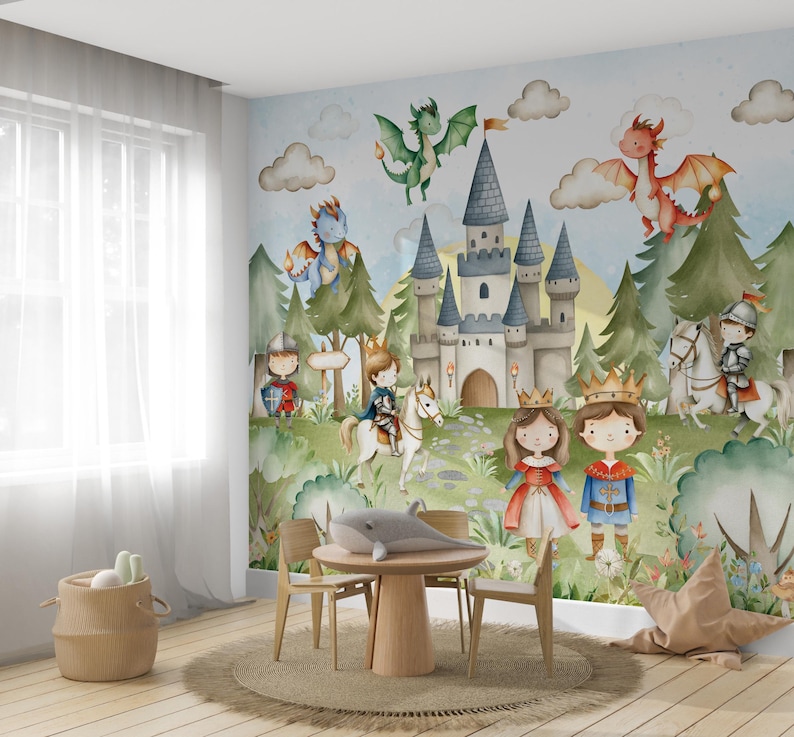 Dragon Nursery Wallpaper Princess and Knights Wall Mural Fairy Castle ...
