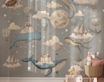 Whales and ships wallpaper, Nursery wall mural, Space and stars wall art