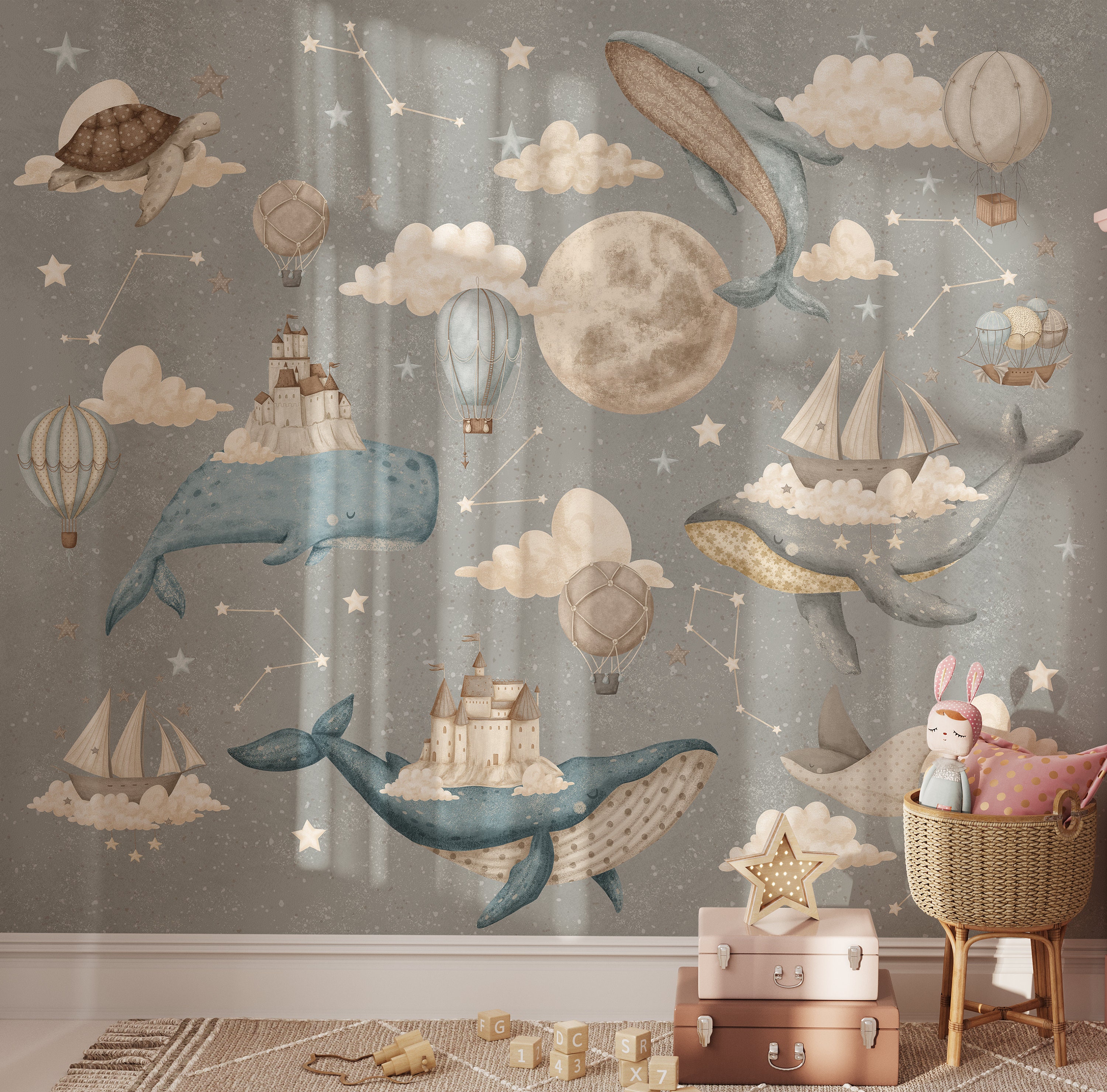 Whales and ships wallpaper, Nursery wall mural, Space and stars wall art