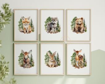 Bosdierenkwekerij prints, Set van 6 afdrukbare muurkunst, Aquarel Bosdieren decor, DIGITALE DOWNLOAD