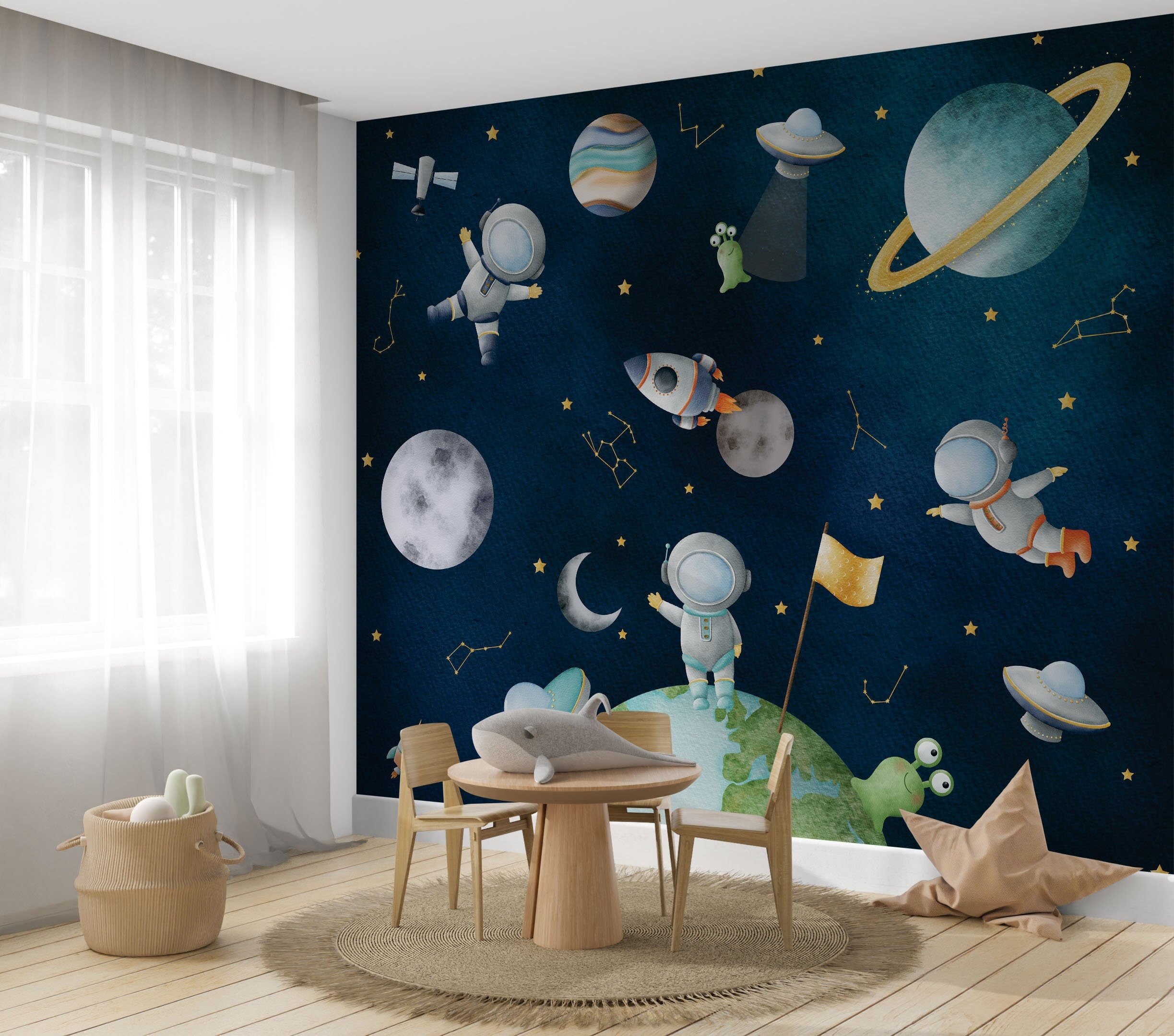 Stampe artistiche per camerette a tema spaziale: astronauta, decorazione con razzo spaziale - Italia