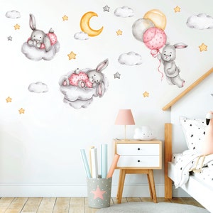 Décalque de mur de pépinière de ballon à air chaud, animaux de safari d'aquarelle, autocollant de mur d'arc-en-ciel, décor de chambre de bébé fille, L size pink bunnies