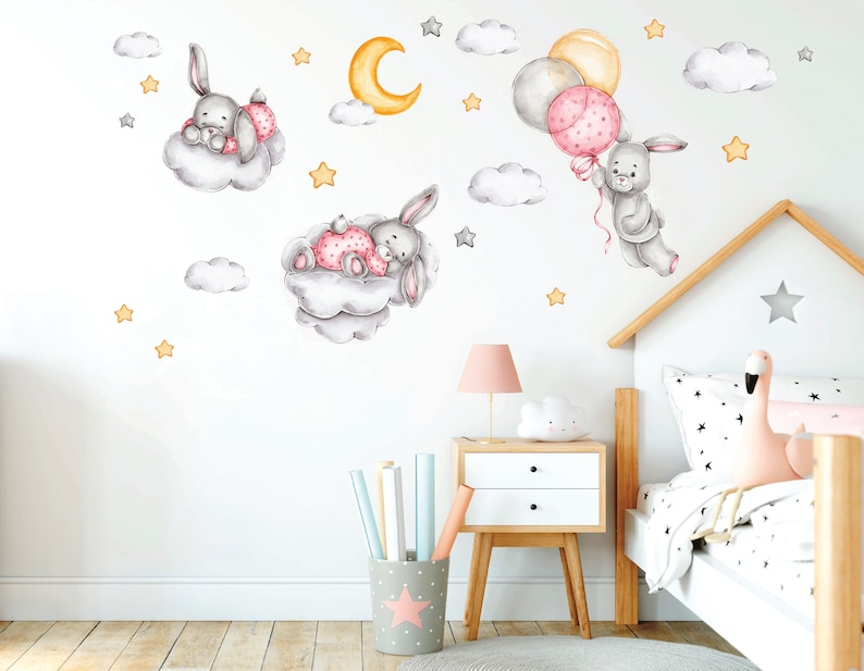 Décalque de mur de pépinière de ballon à air chaud, animaux de safari d'aquarelle, autocollant de mur d'arc-en-ciel, décor de chambre de bébé fille, L size pink bunnies