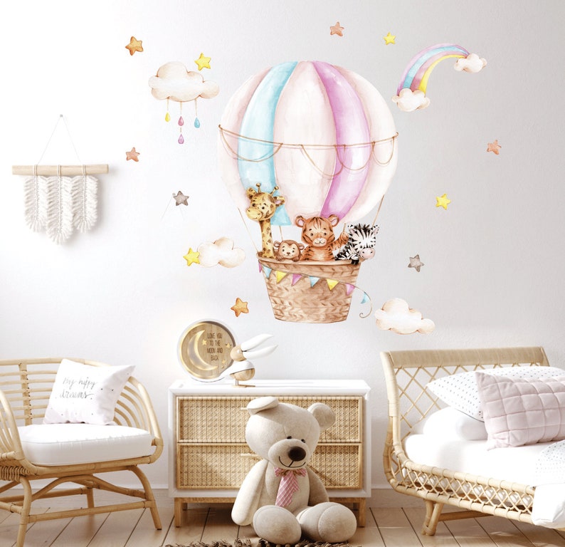 Décalque de mur de pépinière de ballon à air chaud, animaux de safari d'aquarelle, autocollant de mur d'arc-en-ciel, décor de chambre de bébé fille, image 10