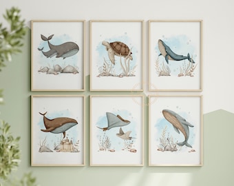 Sea animals Nursery prints, Set of 6 Ocean Printable Wall Art, Whale art print, Under the sea, DIGITAL DOWNLOAD