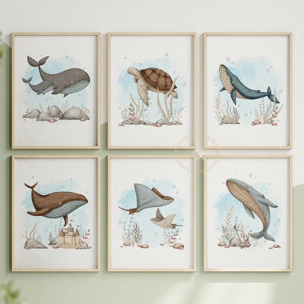 Sea animals Nursery prints, Set of 6 Ocean Printable Wall Art, Whale art print, Under the sea, DIGITAL DOWNLOAD