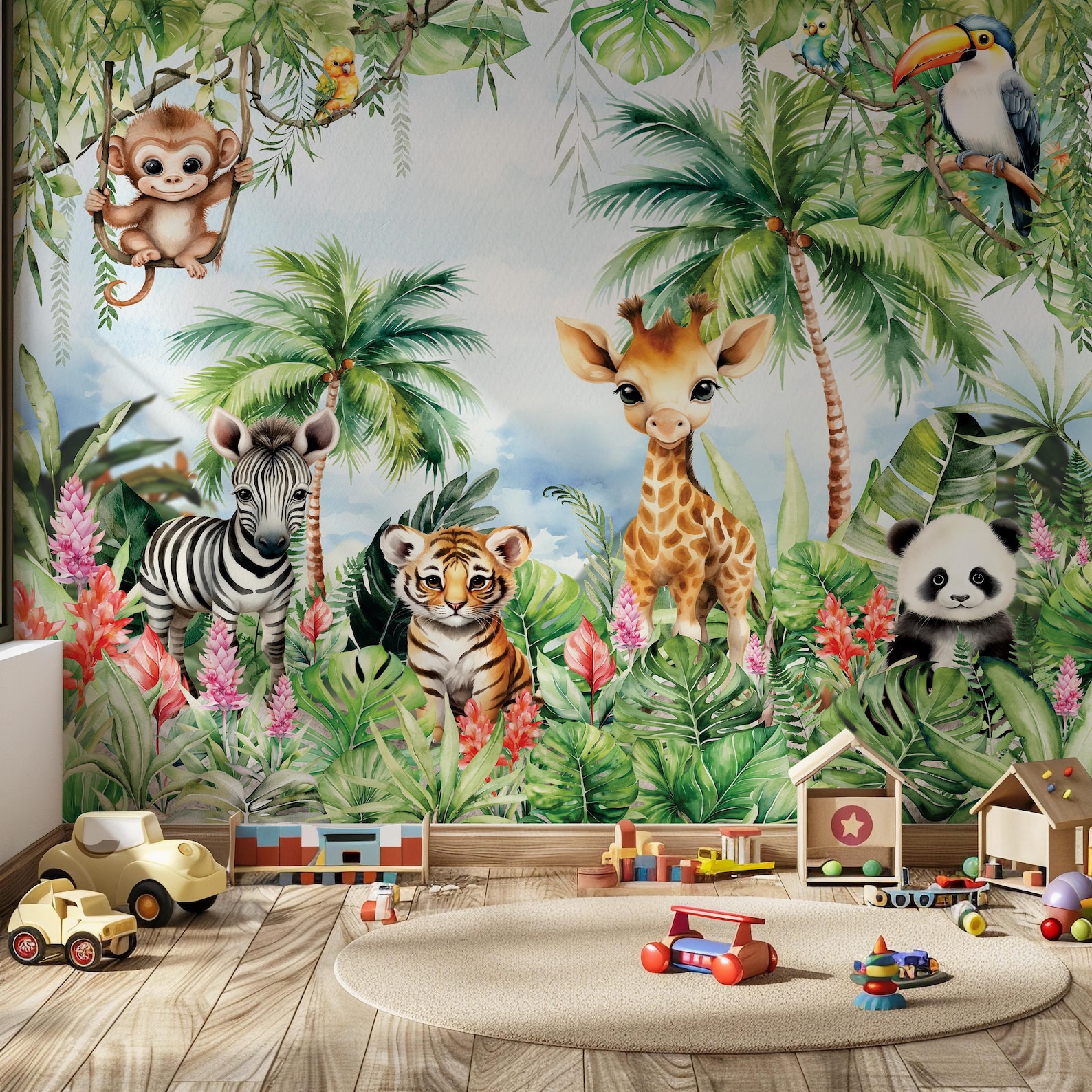 Safari Animals Nursery Wallpaper Palm Trees Wall Decor Watercolor ...