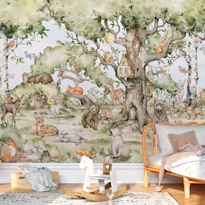 Bos Dieren Kwekerij Behang Bos Muurkunst Aquarel Bomen Wilde dieren Peel and Stick Decor Kinderkamer afbeelding 4