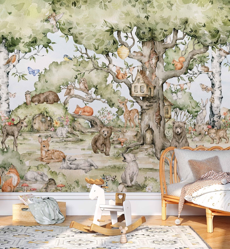 Bos Dieren Kwekerij Behang Bos Muurkunst Aquarel Bomen Wilde dieren Peel and Stick Decor Kinderkamer afbeelding 4