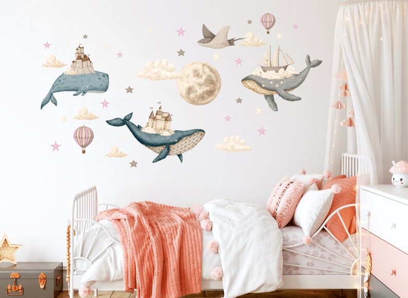 Ocean Nursery wall decal, Under the Sea sticker, Watercolor whale, Hot air Balloons, Castle wall decal, Kids room decor Pink Pattern 1 Msize