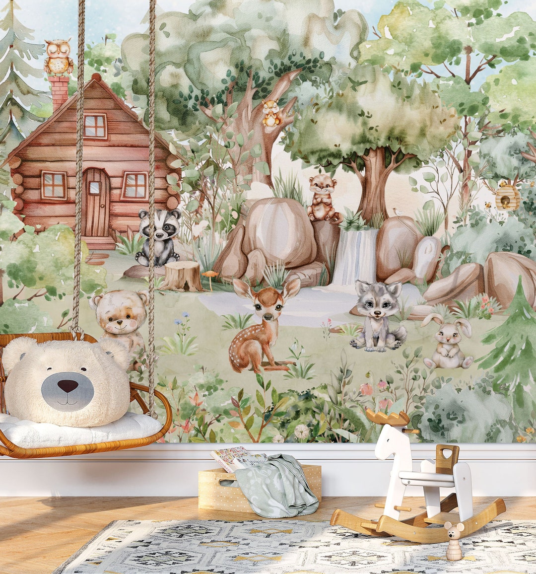 Forest Animals Nursery Wallpaper Woodland Wall Art Watercolor Trees ...