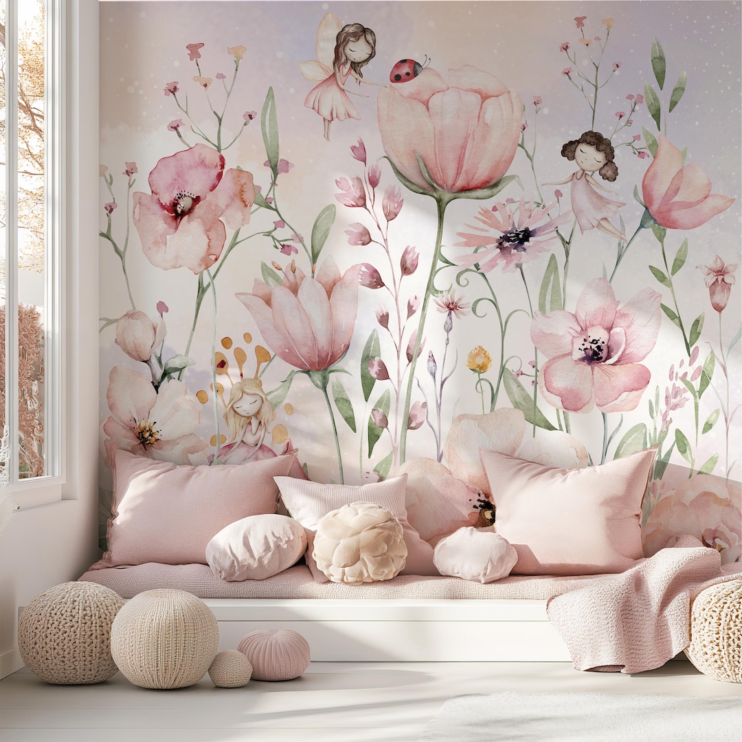 Fairy Nursery Wallpaper Watercolor Floral Wall Mural Peel and Stick ...