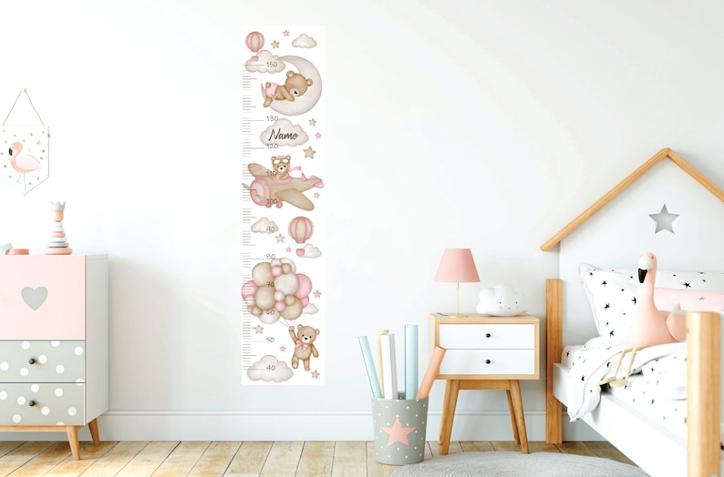 Teddybeer met luchtballonnen, kinderkamer muur sticker, muur sticker voor kinderen, aquarel dieren wand decor, baby meisje muur sticker Height chart CM
