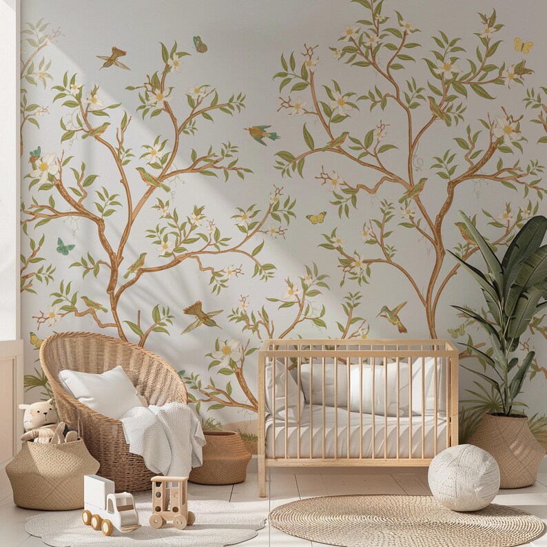 Chinoiserie Nursery Wallpaper Vintage Style Botanical Mural Birds on ...