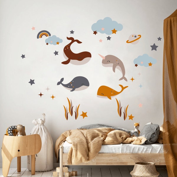 Whale wall decal, Nursery wall decal, Sea life Watercolor animals, Ocean wall stickers, Fish wall decal