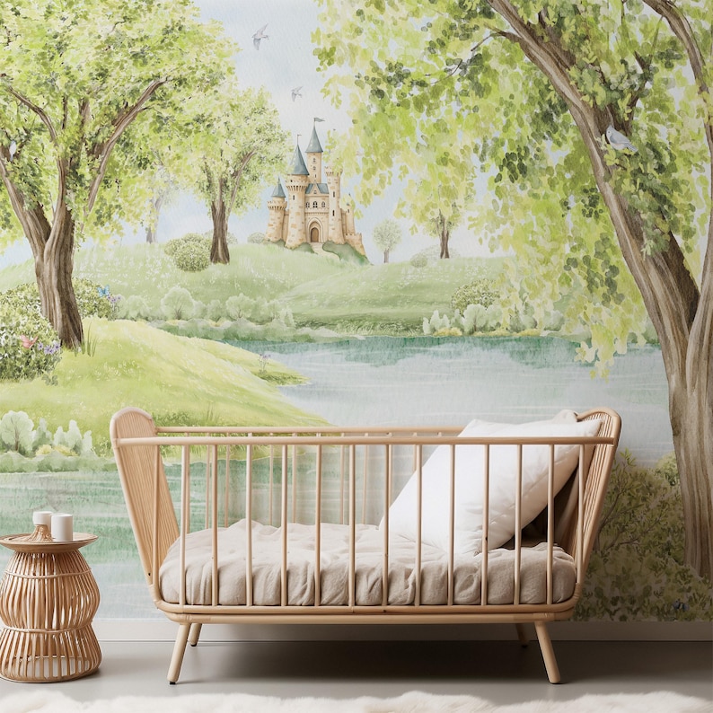 Fairy Tale Castle Nursery Wallpaper Mural Green Trees Wall Art Nature ...