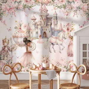 Papier peint princesse et château pour chambre d'enfant, royaume magique, conte de fées, papier peint autocollant, décoration murale pour chambre de filles, papier peint floral image 5