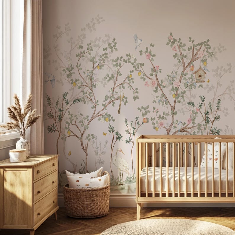 Chinoiserie Nursery Wallpaper Botanical Birds and Blossoms Woodland ...