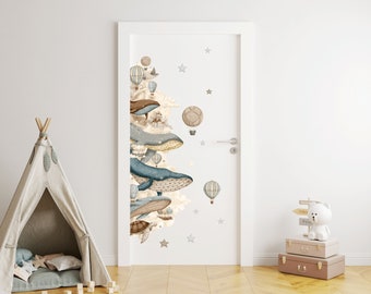 Décalcomanie de porte de chambre d'enfant, Baleines et navires, Montgolfières aquarelle, Décoration de porte de chambre d'enfant