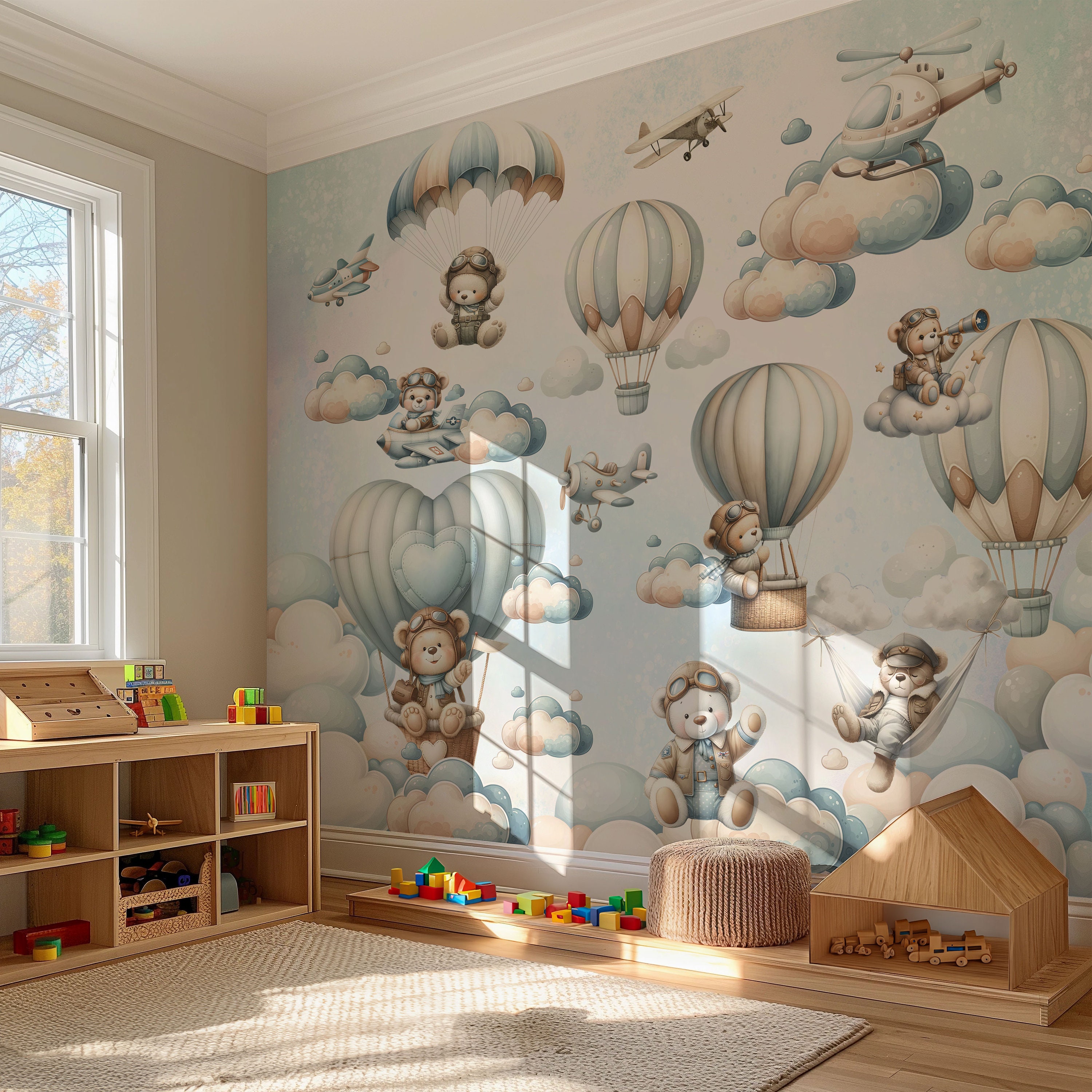 Hot Air Balloon Nursery Wallpaper Flying Teddy Bear Aviator Wall Mural ...