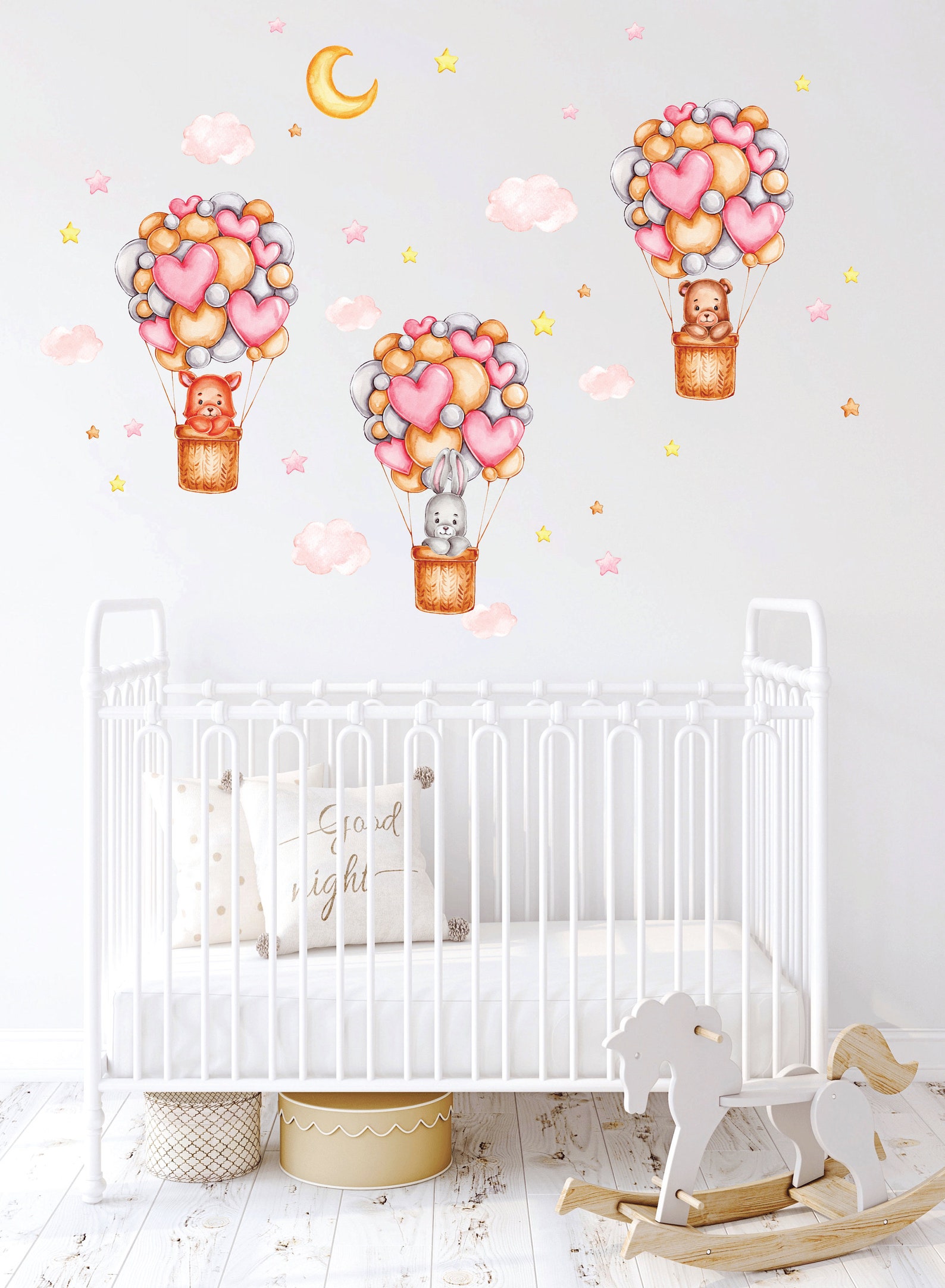 Hot Air Balloon Nursery Wall Decal, Watercolor Forest Animals Bunny ...