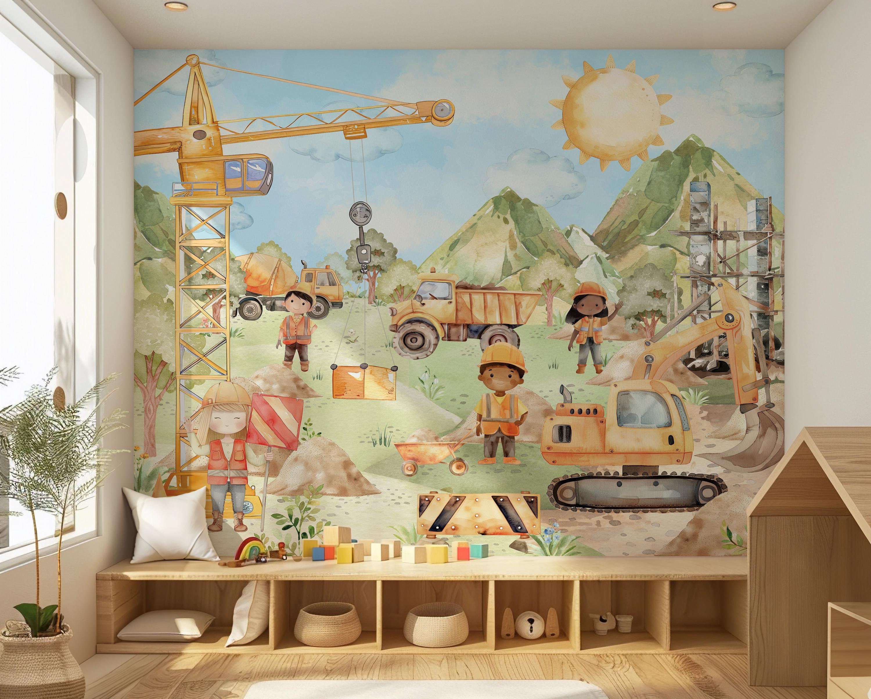 Construction Wallpaper For Boys  Watercolor Trucks and  Excavator Wall Mural Peel And Stick Kids Room Nursery Wall Decor Vehicle Wallpaper