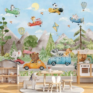 May include: A colorful children's room mural featuring animals driving vehicles. The mural depicts a blue van with a raccoon and rabbit, a yellow car with a bear, a red car with an elephant, and a blue airplane with a mouse. The mural also features a hot air balloon, a kite, and a yellow airplane with a panda.