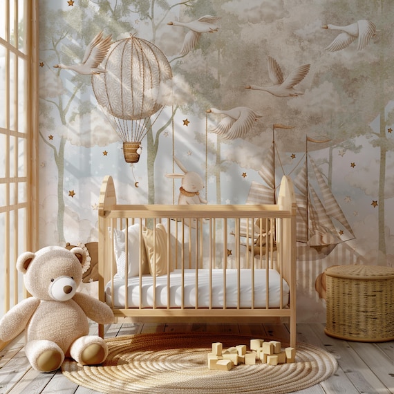 Hot Air Balloon Nursery Wallpaper Flying Swan Wall Mural Forest Wallpaper Peel And Stick Moon And Clouds Wall Art