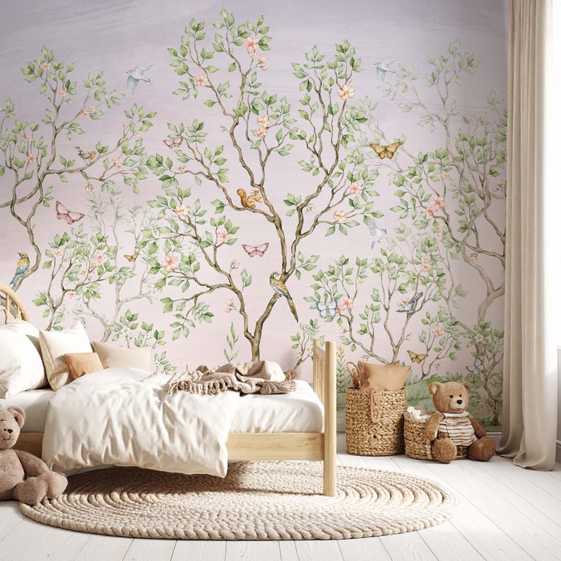 Chinoiserie Nursery Wallpaper Botanical Birds and Blossoms Woodland ...