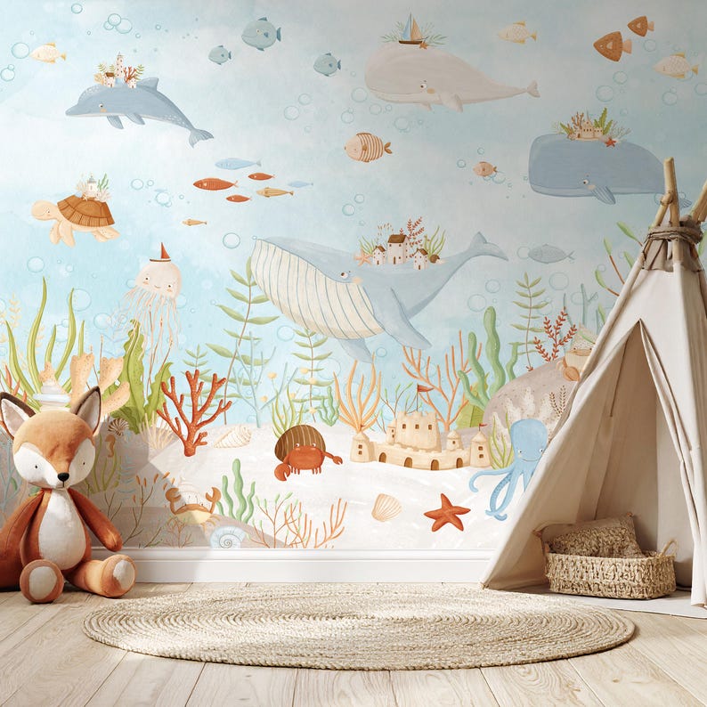 Ocean Nursery Wallpaper Mural Underwater Whale & Sea Life Wall Art Baby ...