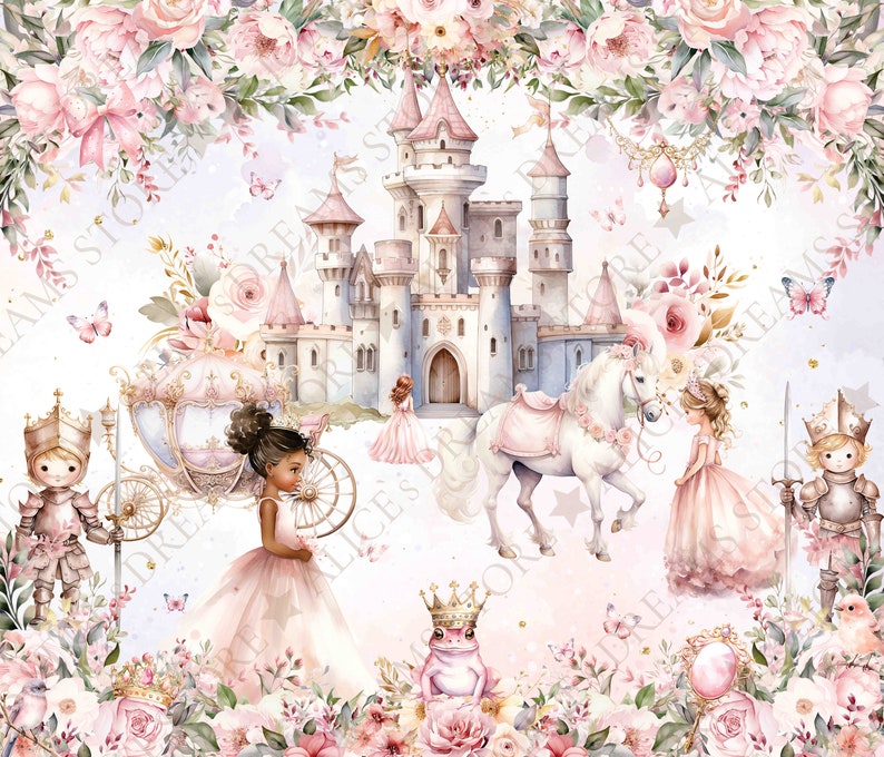 Papier peint princesse et château pour chambre d'enfant, royaume magique, conte de fées, papier peint autocollant, décoration murale pour chambre de filles, papier peint floral image 3