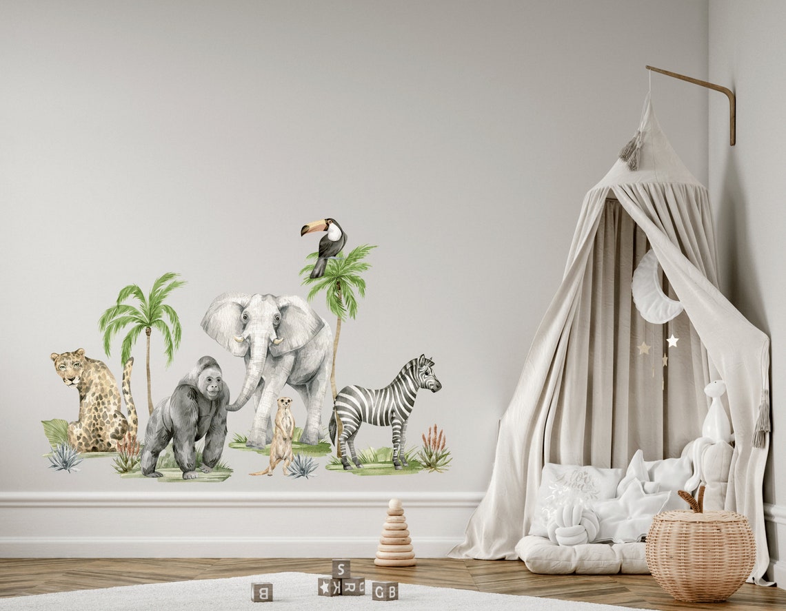Safari Animals Nursery Wall Decal, Jungle Animals, Tropical Monkey Wall ...