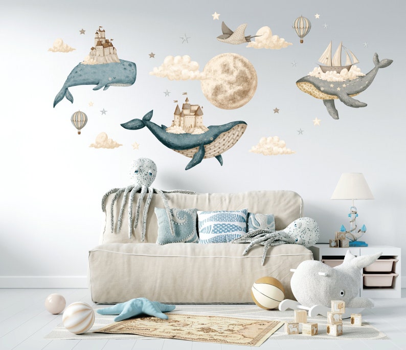 Ocean Nursery wall decal, Under the Sea sticker, Watercolor whale, Hot air Balloons, Castle wall decal, Kids room decor image 1