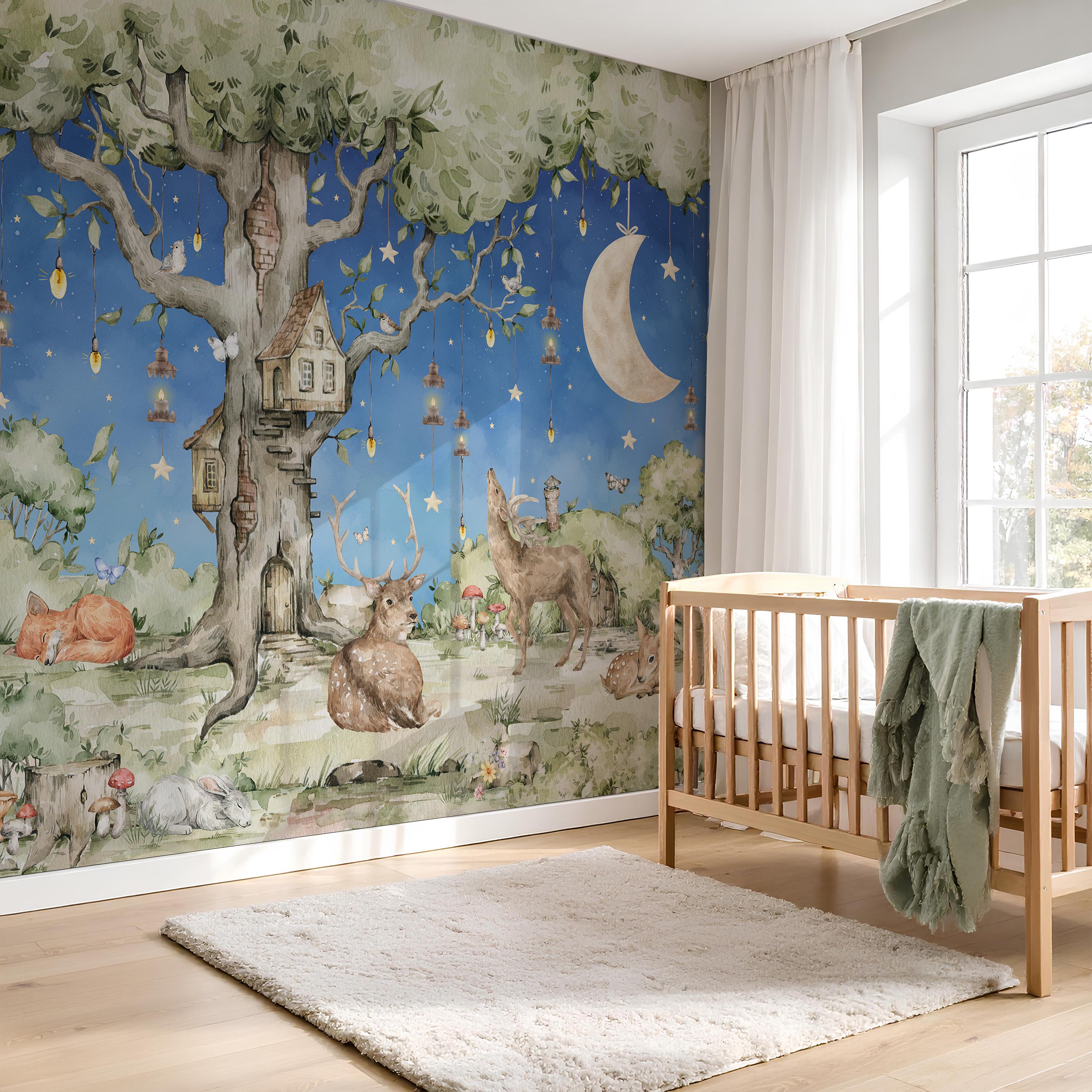 Woodland Nursery Wallpaper Mural Night Forest Animals Wall Art With ...