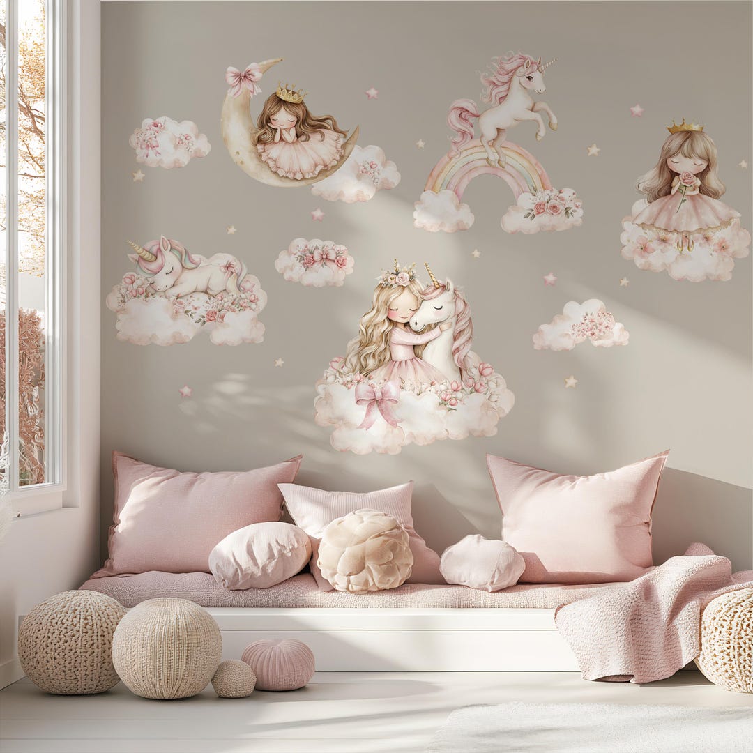Princess and Unicorn Nursery Wall Decals Pastel Wall Stickers Girl's ...