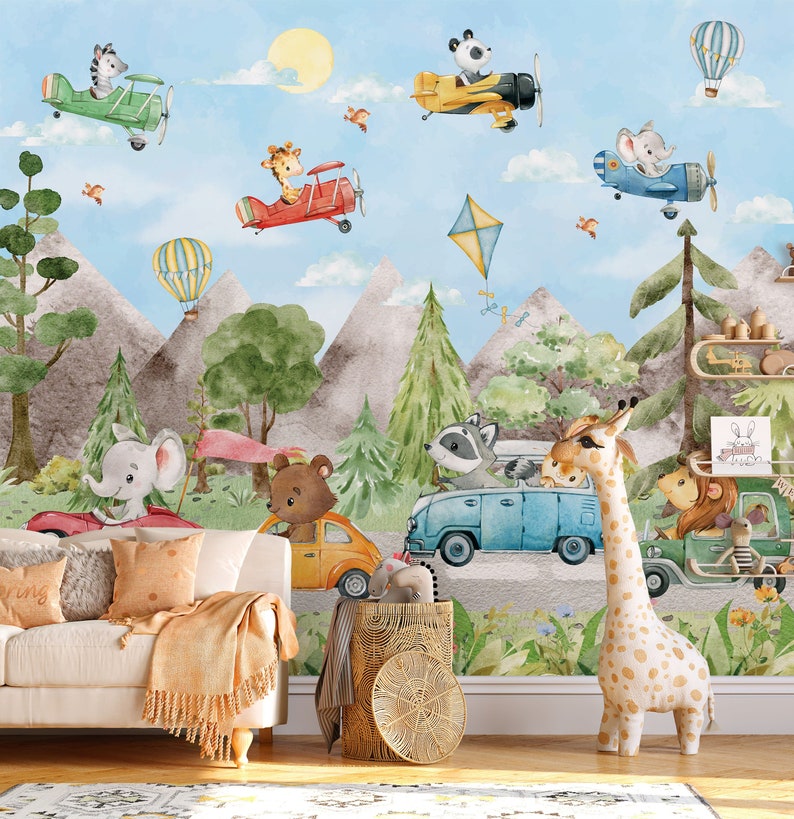 May include: A watercolor illustration of a whimsical forest scene with animals driving cars and flying in airplanes. The animals include a giraffe, elephant, bear, raccoon, zebra, panda, and lion. The background features mountains, trees, and a blue sky with clouds.