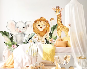 May include: A watercolour-style wall decal set featuring a lion, giraffe, and elephant in a jungle setting. The decals are perfect for a nursery or child's room.