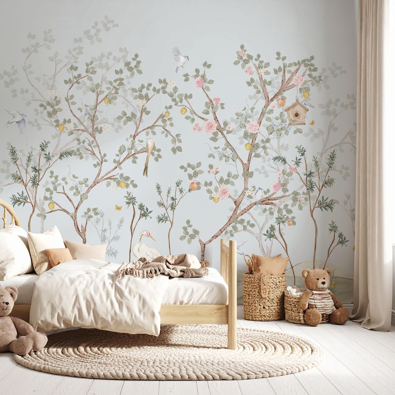 Chinoiserie Nursery Wallpaper Botanical Birds and Blossoms Woodland ...