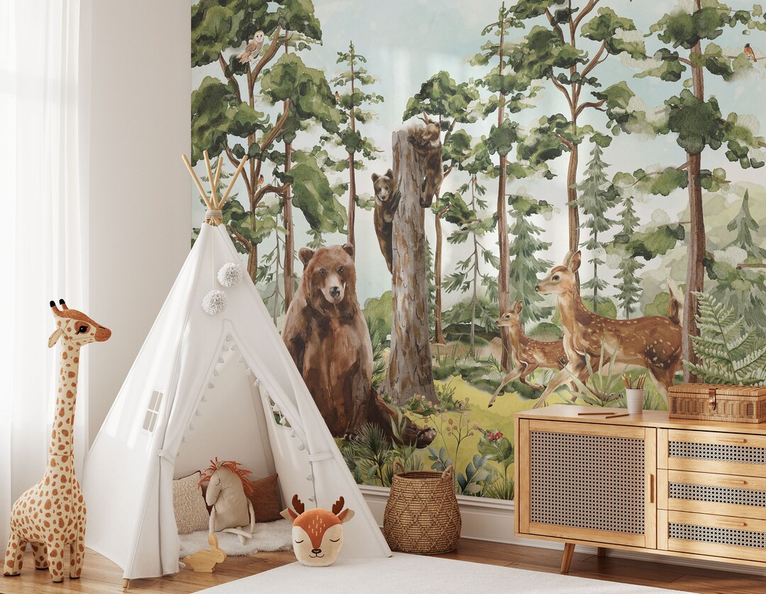 Forest Animals Wallpaper, Nursery Wall Mural, Woodland Wall Art - Etsy