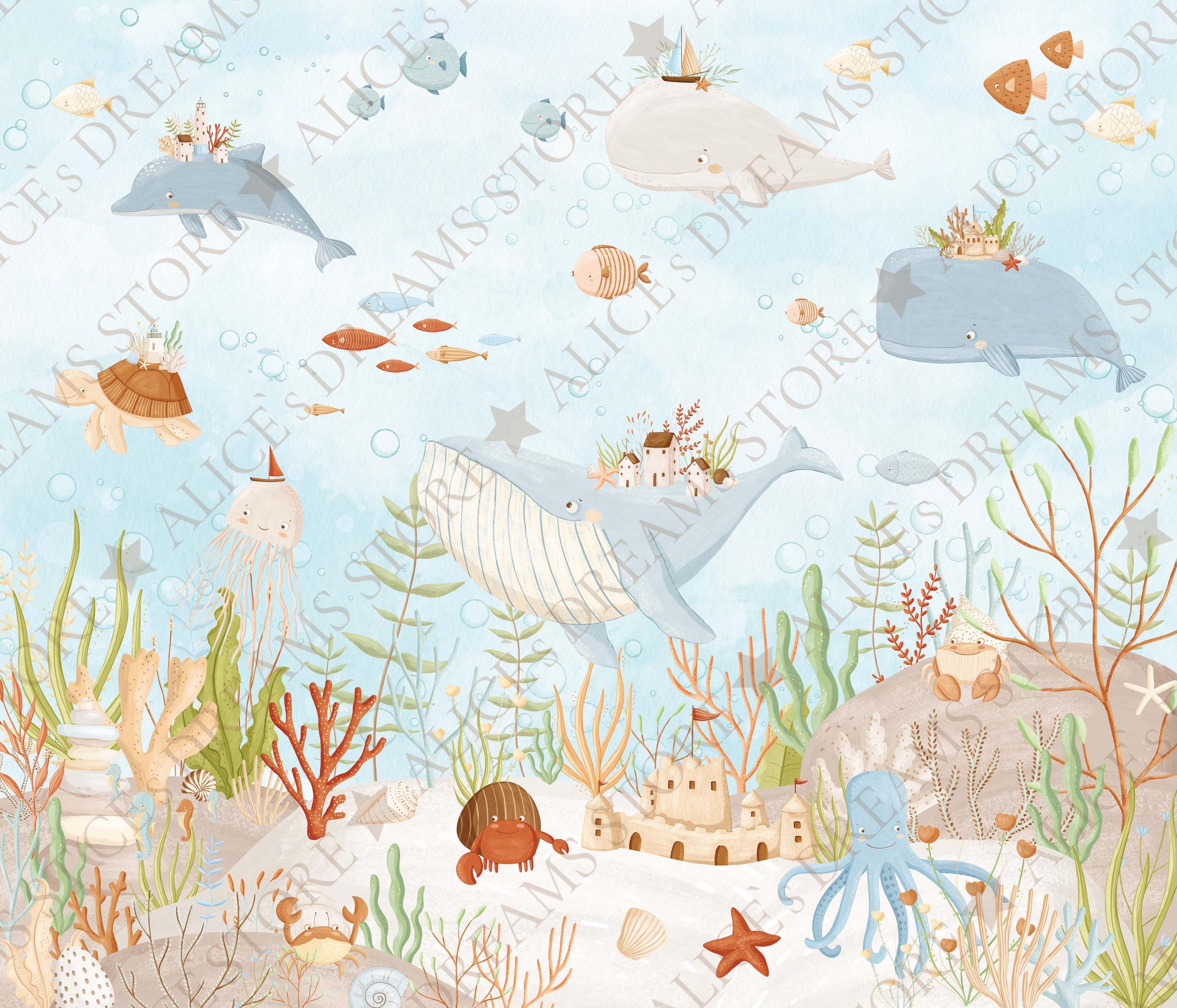 Ocean Nursery Wallpaper Mural Underwater Whale & Sea Life Wall Art Baby ...