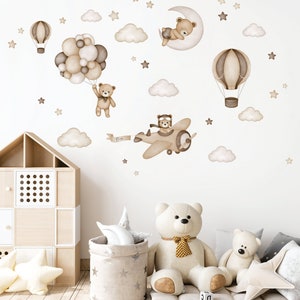 Teddybär mit Heißluftballons, Wandtattoo für Kinderzimmer, Wandtattoo Aquarell Tiere, Wandtattoo Baby Mädchen ALL SET standard