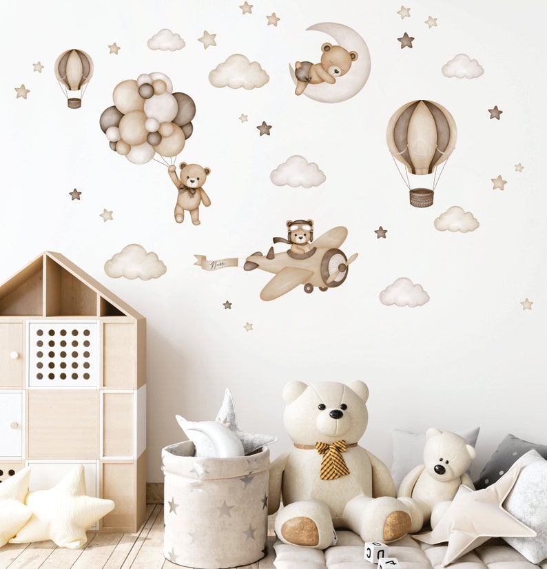 Teddybeer met luchtballonnen, kinderkamer muur sticker, muur sticker voor kinderen, aquarel dieren wand decor, baby meisje muur sticker ALL SET standard