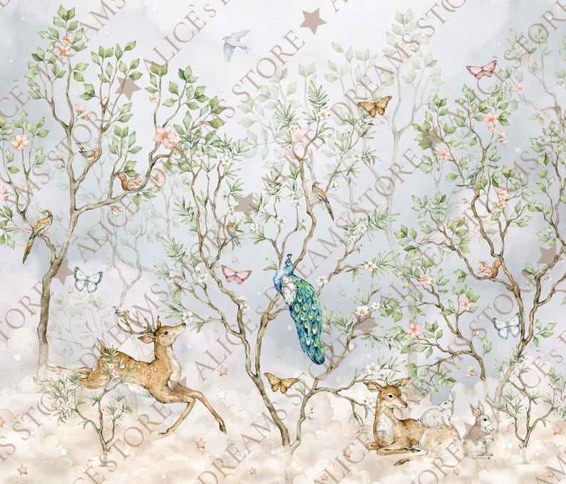 Chinoiserie Nursery Wallpaper Botanical Birds and Blossoms Woodland ...