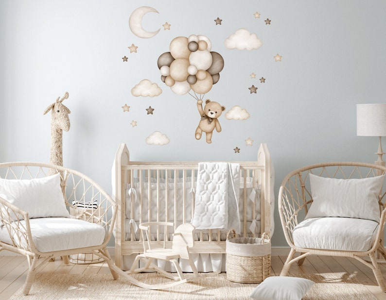 Teddybeer met luchtballonnen, kinderkamer muur sticker, muur sticker voor kinderen, aquarel dieren wand decor, baby meisje muur sticker afbeelding 1