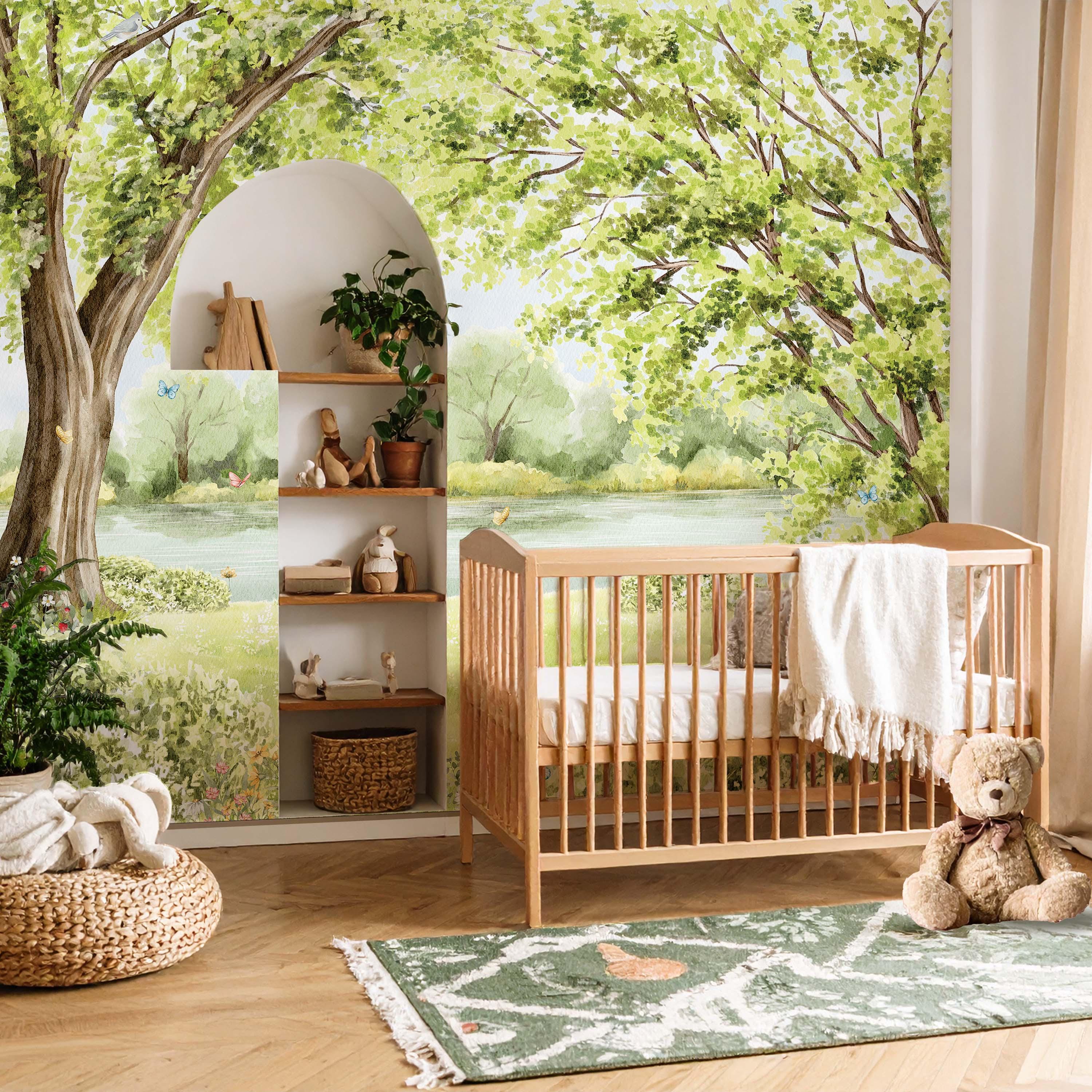 Watercolor Forest Nursery Wallpaper Woodland Wall Mural With Lake and ...