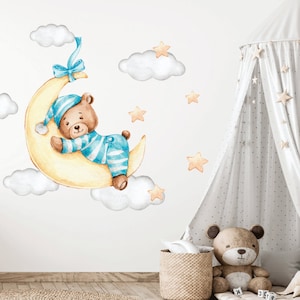 Teddy bear on the moon, Nursery wall decal, Watercolor forest animals, Baby boy wall decor, Stars wall sticker