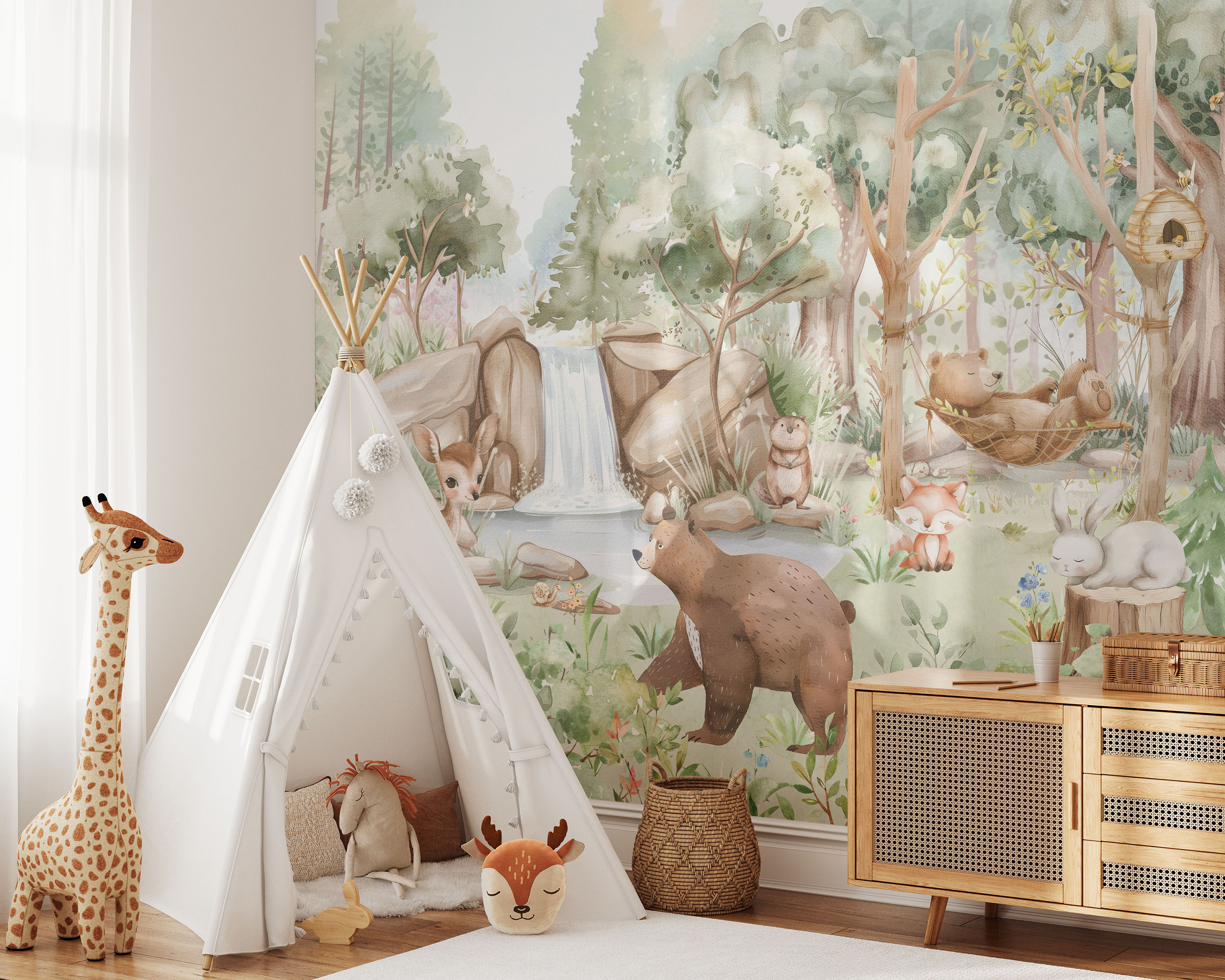 Forest Animals Nursery Wallpaper Woodland Wall Art Watercolor Trees ...